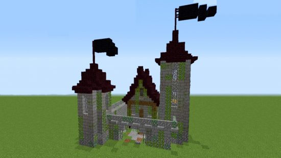 A mini Minecraft castle with flats flowing from two turrets.