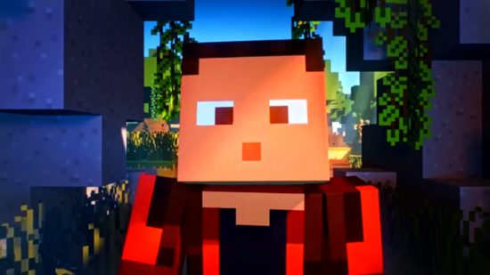 Minecraft movie release date - a blocky-headed Minecraft character in a red shirt makes a shocked expression