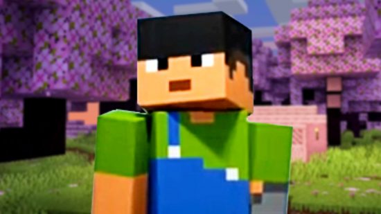 Minecraft Music - Sunny, a Minecraft character wearing a green t-shirt and blue overalls, stands in a clearing of cherry blossom trees