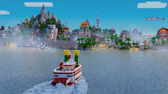 Best Minecraft servers - MCC Island: a speedboard rushes towards MCC island, which is covered in brightly coloured buildings housing minigames.