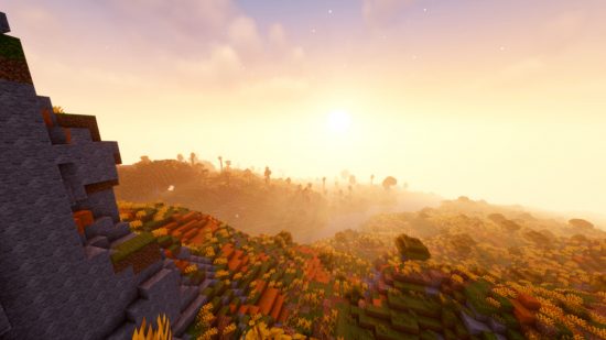 Najlepsze shadery Minecraft: zachód słońca w Minecraft z zainstalowanymi nierealnymi shaderami