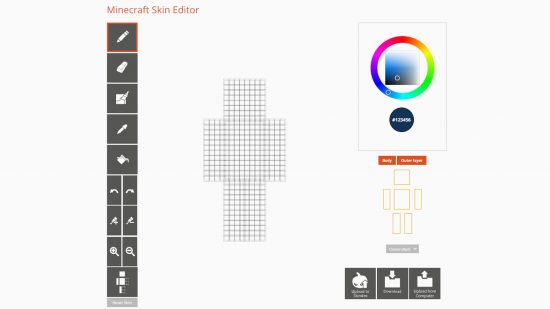 Ein Screenshot des Skindex Skin -Editors zur Herstellung Ihrer eigenen maßgefertigten Minecraft -Skins
