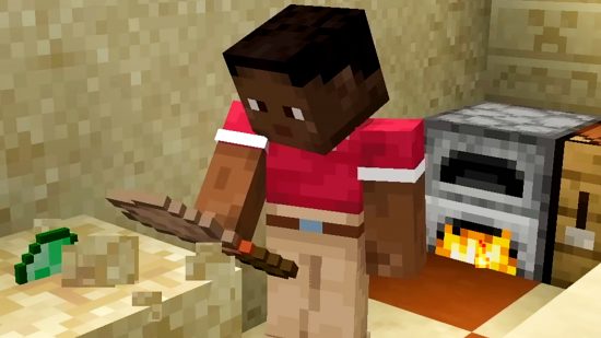 Minecraft update snapshot 23W16A - a character in a red shirt carefully brushes sand away from a buried treasure in the sandbox game