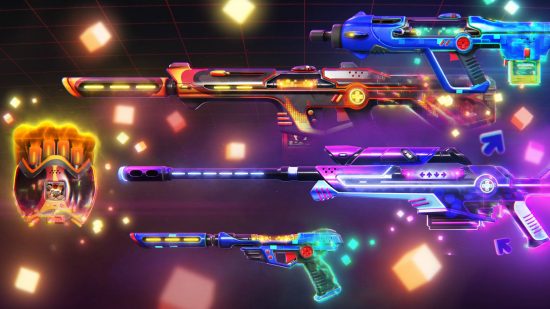 The new Valorant skin bundle is a $125 love letter to the '90s: A collection of glowing arcade-inspired Valorant weapon skins on a disco background