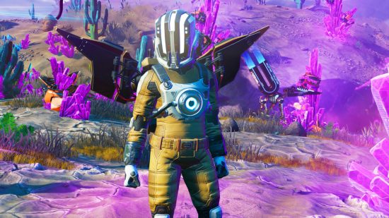 No Man’s Sky gets new ships, worlds, and enemies in huge free update: An astronaut in a high-tech suit stands in a purple-coloured landscape from RPG game No Man's Sky