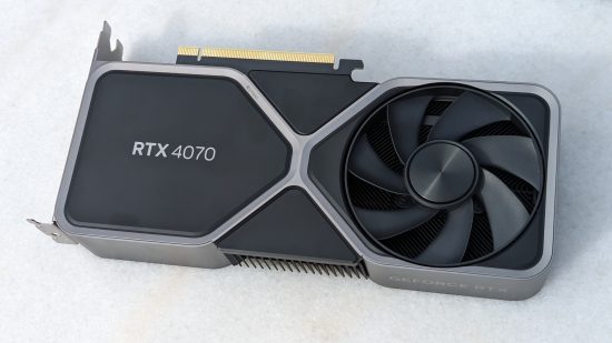 Nvidia GeForce RTX 4070 review: A Founders Edition graphics card against a white stone background