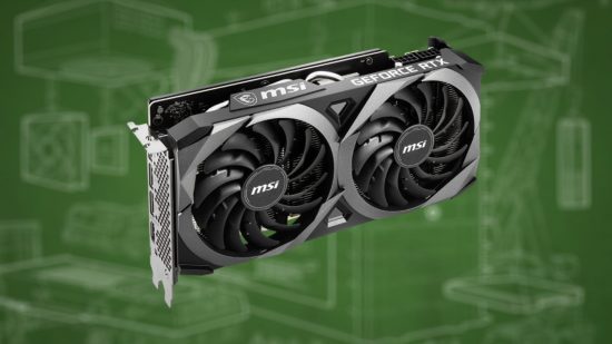 Nvidia RTX 4070: MSI GeForce graphics card with green GeForce PC backdrop