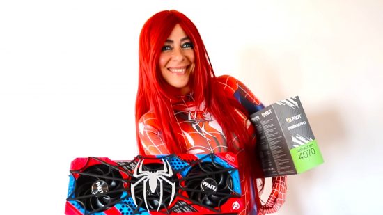 Spider-Man RTX 4070: Cosplayer holding Palit graphics card with faceplate