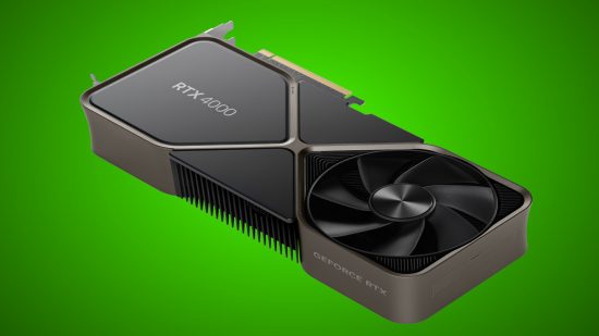 An Nvidia GeForce RTX 4000 graphics card floats against a green background