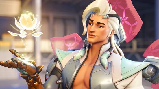 Overwatch 2 hero design - Lifeweaver, a handsome Thai man with long white hair, looks at a floating lotus flower made of bio-light on his hand