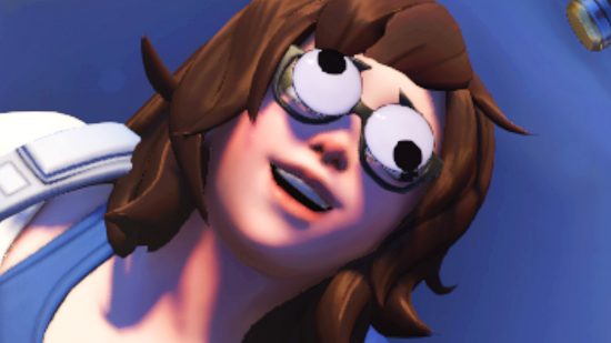 Overwatch 2 patch notes for April Fools - Mei lies on the ground, wearing googly eyes that are flopping in all directions