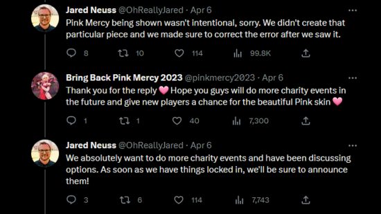 Overwatch 2 Pink Mercy - Exchange en Twitter donde el productor de Overwatch 2 Jared Neuss afirma: