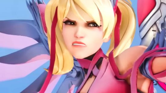 Overwatch 2 Pink Mercy skin - Mercy in her charity pink outfit with blonde pigtails, giving a sneering look