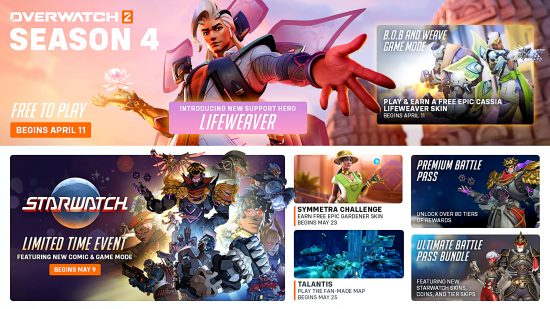 Overwatch 2 season 4 roadmap - featuring Lifeweaver, the Starwatch event, the B.O.B and Weave mode, the Symmetra challenge, the Talantis map, and the Space Opera themed premium battle pass