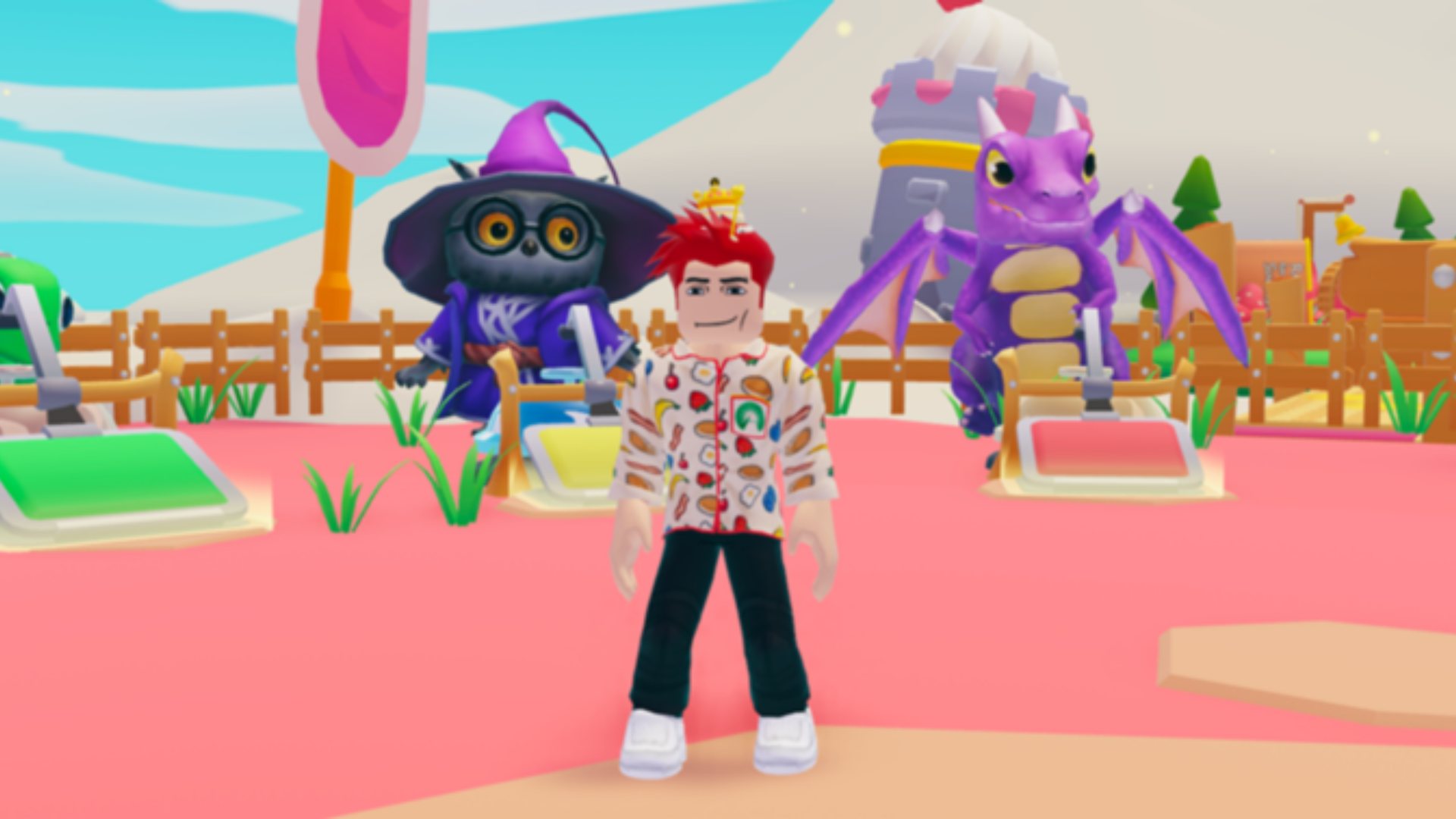 Pancake Empire Tower Tycoon codes: a red-haired character stands in front of a giant owl in wizard hat and a purple dragon.