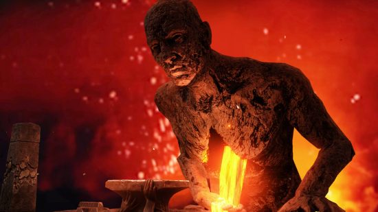 Path of Exile Steam stats skyrocket overnight, shattering records: A man made of stone 'bleeding' lava into his open hand in a forge