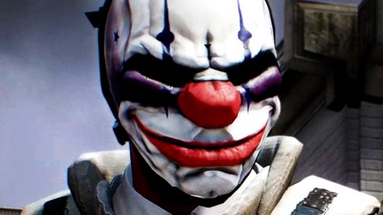Payday 3 launch - a person in a grinning clown mask with bright red nose and lips