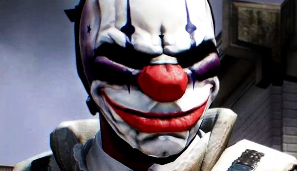 Payday 3 launch - a person in a grinning clown mask with bright red nose and lips