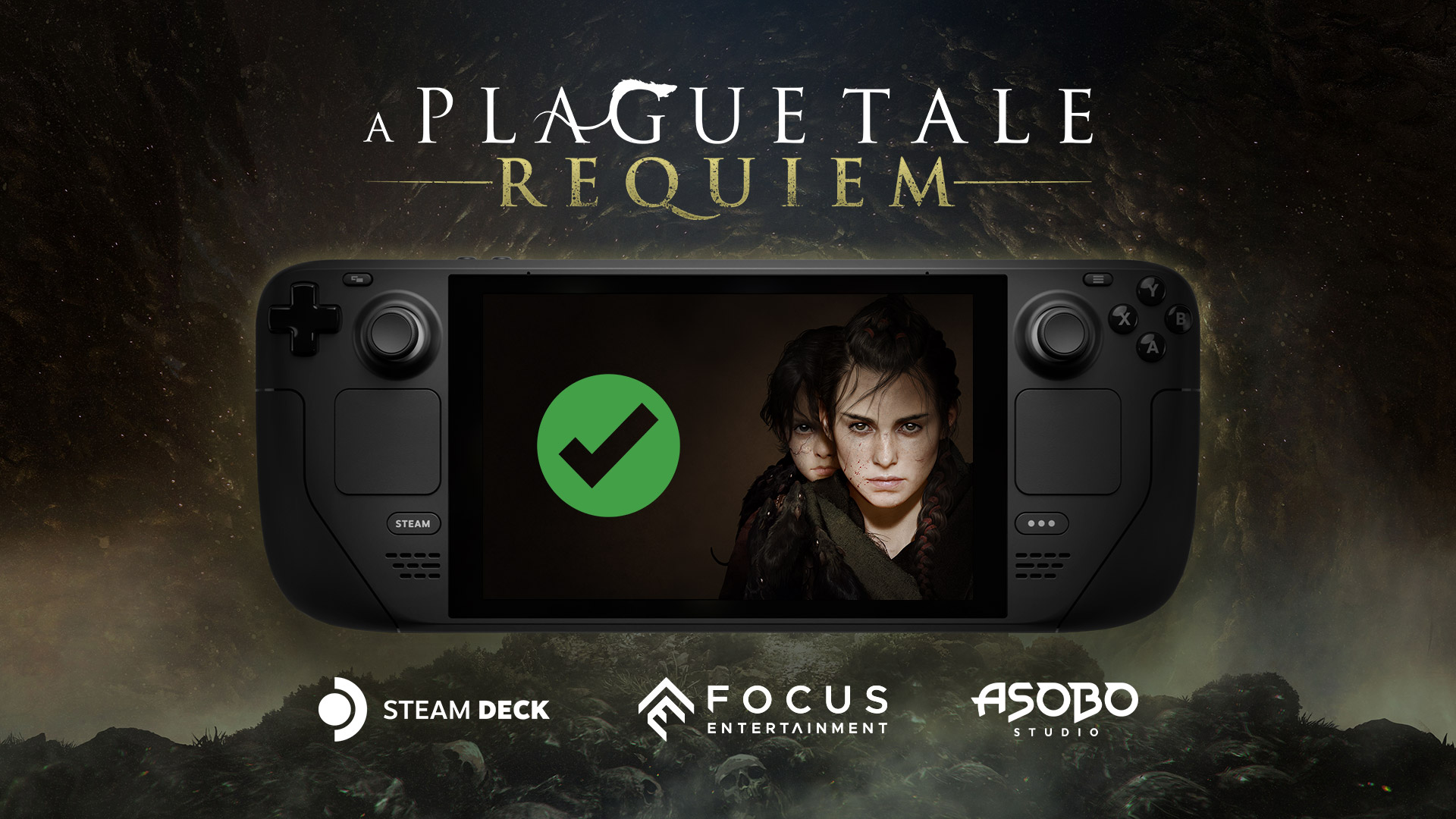 Banner für A Plague Tale: Requiem Steam Deck-Kompatibilität mit Verified-Logo auf dem Bildschirm