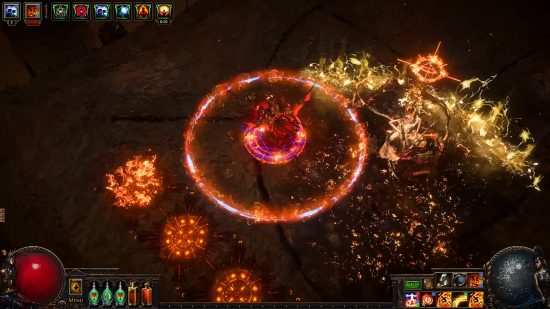 Path of Exile Crucible release time - a character fighting a boss in the boss kill event