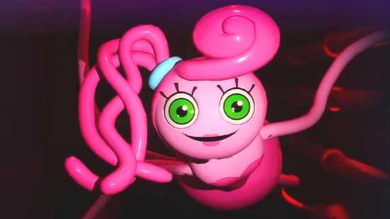 Un essere rosa, da cartone animato, tentacolato con occhi verdi brillanti fissa direttamente l'utente