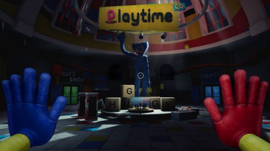 Синяя и красная рука показывают в каждом углу экрана. Игрок смотрит на детскую диораму с огромным пушистым, страшным существом