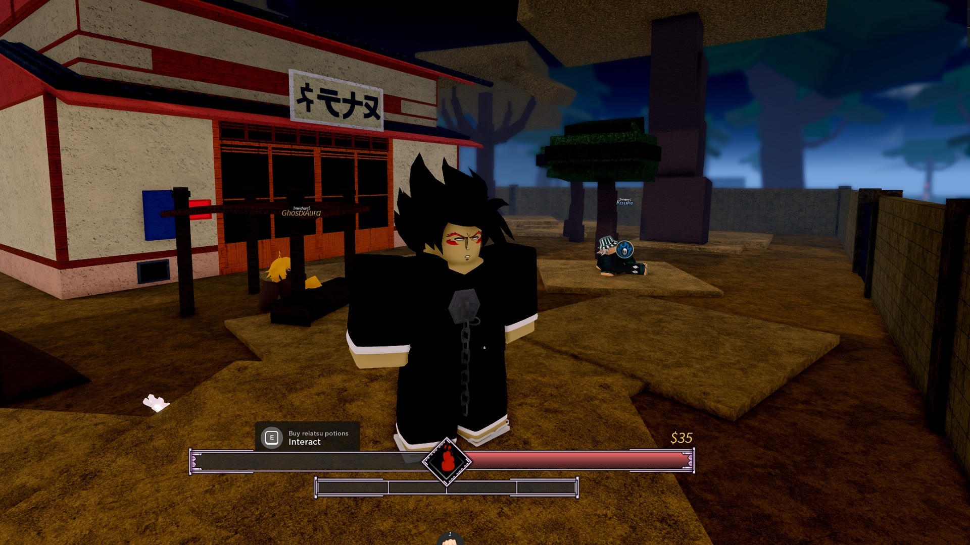 A Project Mugetsu character stands outside an in-game shop.
