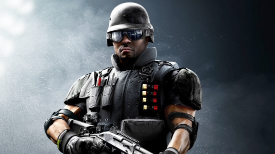 Rainbow Six Siege creator dropped by Ubisoft for racist TikToks: A black man wearing SWAT gear stands with his gun ready on a misty black background