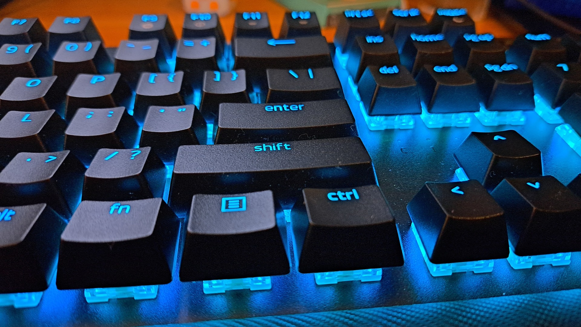 Razer BlackWidow V4 Pro review: Close-up of its blue RGB-illuminated keys