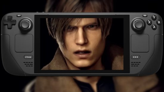 Leon S. Kennedy's face appears on the screen of a Steam Deck