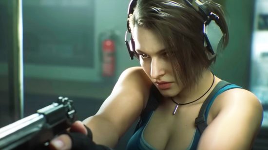 New Resident Evil movie Death Island actually looks quite good: A woman in a blue tanktop, Jill Valentine from Capcom horror game series Resident Evil, holds a pistol