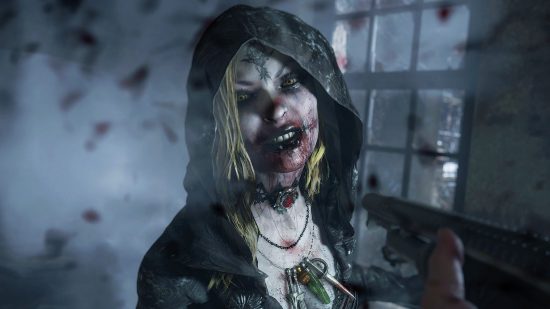 Capcom removes Denuvo from Resident Evil Village, Miranda be praised: A vampire girl with blood on her face and yellow blond hair earing a black hooded robe with a huge necklace stands surrounded by flying bugs in a ruined mansion in front of the window as the player character points a gun at her