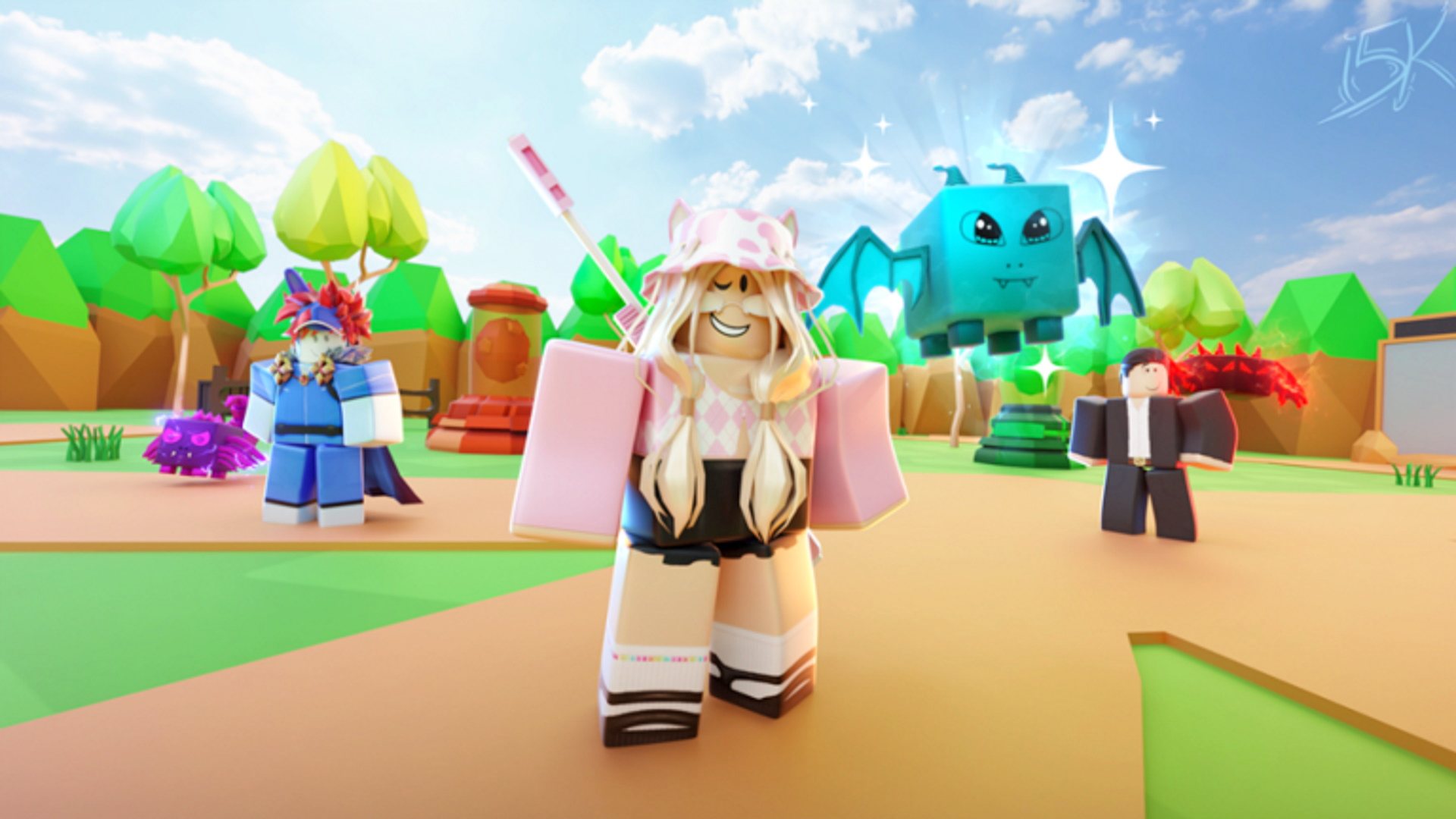 Roblox Promo Codes: En Roblox -karakter som har rosa og står ved siden av en blå flygende flaggermus skapning