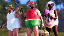 Rust update April patch notes - three characters wearing painted egg suits (one white, one watermelon, one pink and yellow swirls), one carrying a basket full of painted Easter eggs