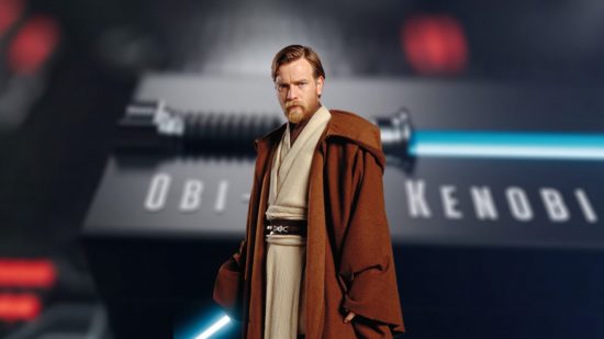 Seagate Star Wars lightsaber SSD: Obi Wan Kenobi standing infront of solid state drive in backdrop
