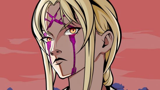 Shinobi Life 2 codes: a close up of a blonde-haired anime character with striking orange eyes and purple face markings.