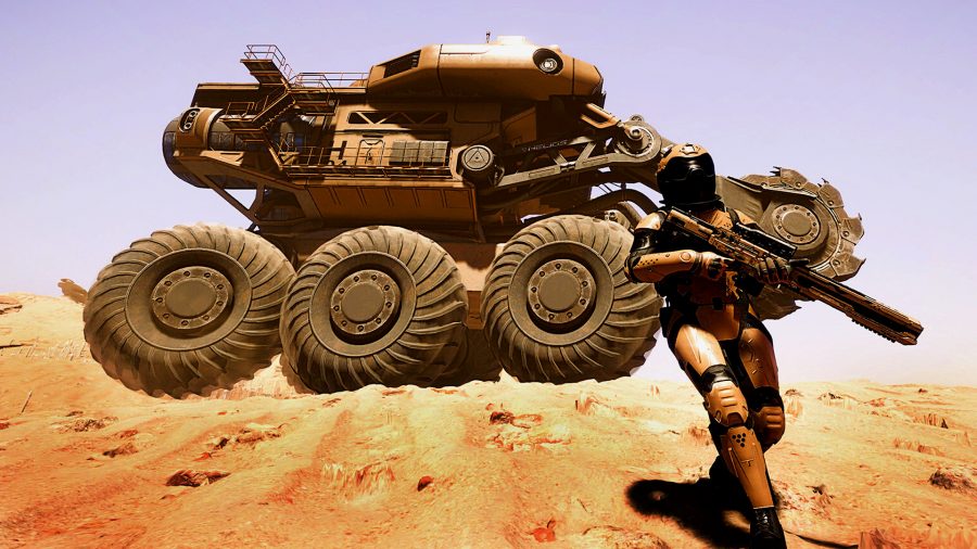 Silica - a soldier stands by a six-wheeled all terrain vehicle on a sandy, rocky outcropping