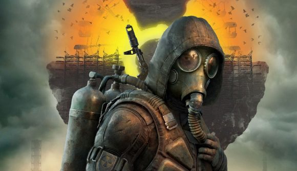 Stalker 2 release date: a person wearing full biohazard gear and a gas mask.