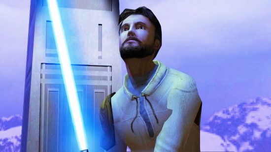 Star Wars Jedi Outcast VR is out now, has motion-control lightsabers: A Jedi holding a blue lightsaber in Star Wars game Jedi Outcast