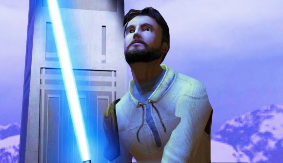 Star Wars Jedi Outcast VR is out now, has motion-control lightsabers: A Jedi holding a blue lightsaber in Star Wars game Jedi Outcast