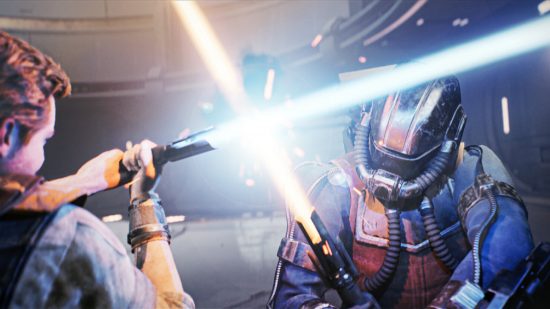 Two men fight with laser swords; their weapons clashing, causing sparks to fly.