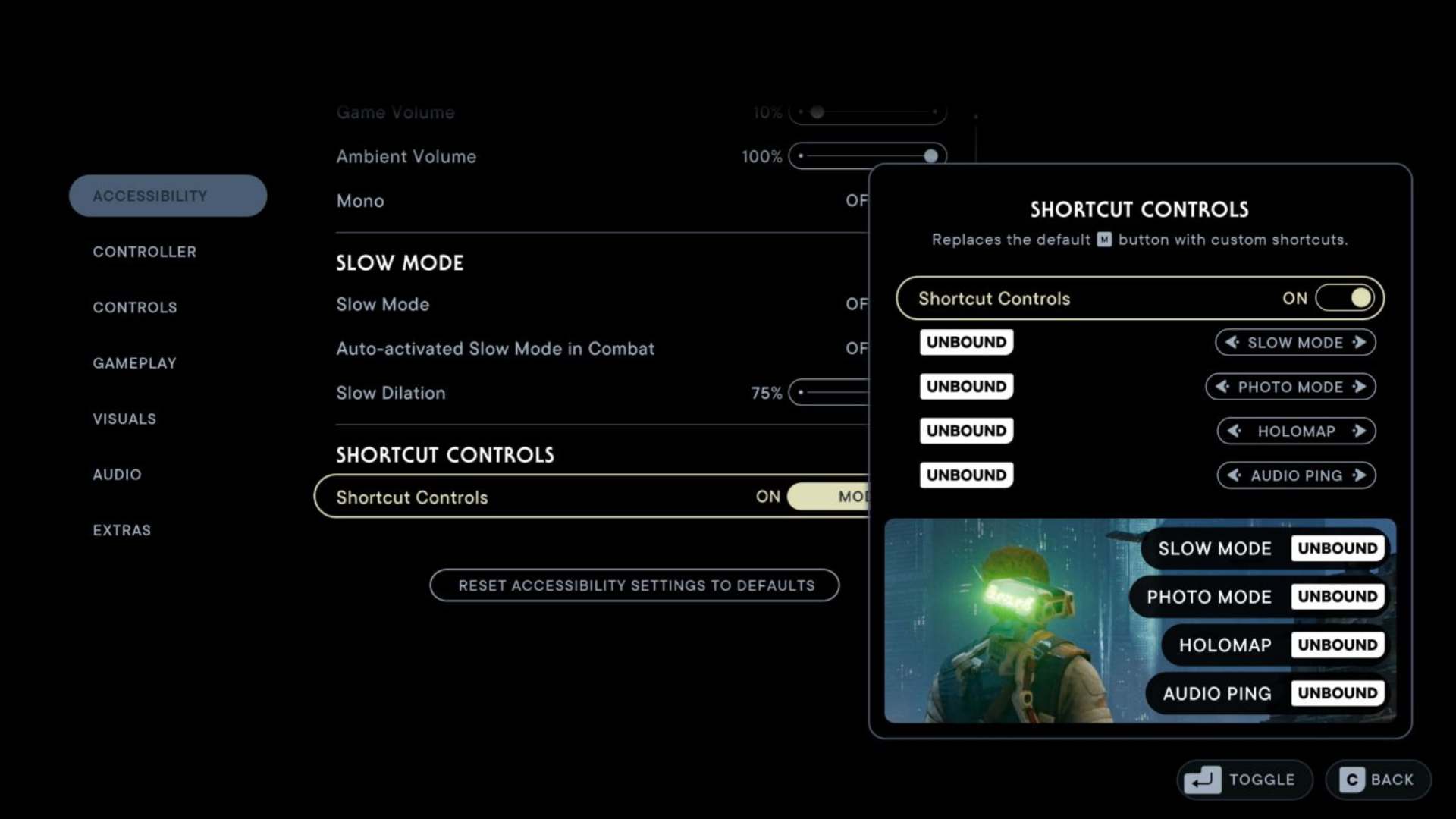 Screenshot of Star Wars accessibility settings and slow mode options shared by EA 