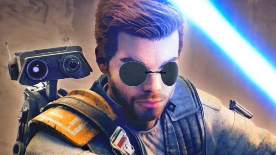 Star Wars Jedi Survivor protagonist Cal wearing Matrix style sunglasses next to BD-1