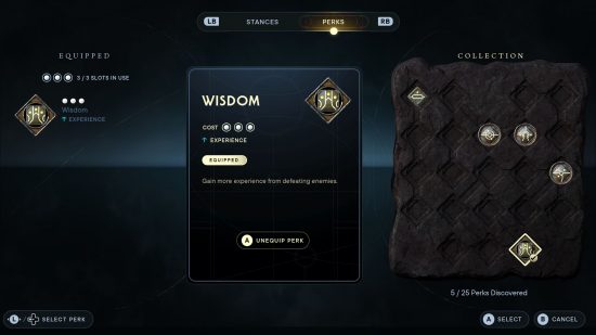 The perks collection that can be accessed at meditation points to equip Wisdom, one of the best Star Wars Jedi Survivor perks.