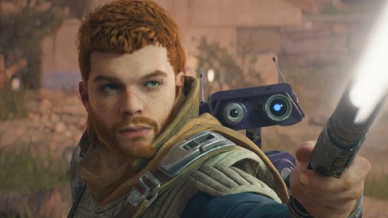 A man with a ginger mullet and his robot pal point a laser sword at their enemies.