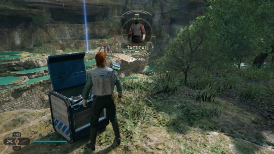 A chest near a tree contains the Star Wars Jedi Survivor tactical outfit