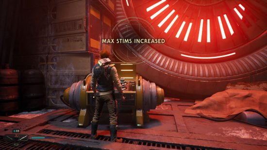 Cal standing in front of a yellow loot box beside an enormous turbine trimmed in red neon light, one of the many corners hiding secrets on the Star Wars Jedi Survivor Coruscant city planet.