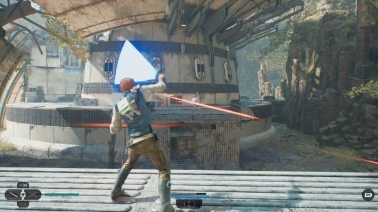 Star Wars Jedi: Survivor: a Jedi deflects a laser blast using his lightsaber.