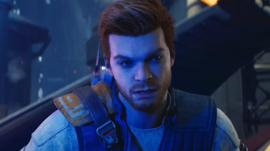 Cal Kestis, bathed in a blue light, converses with another character, though his expression is serious and somewhat distrustful.