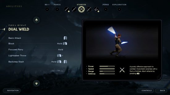 The Stances menu, which includes a list of all the Star Wars Jesi Survivor dual wield combat abilities, as well as video of Cal performing signature moves with this lightsaber stance.